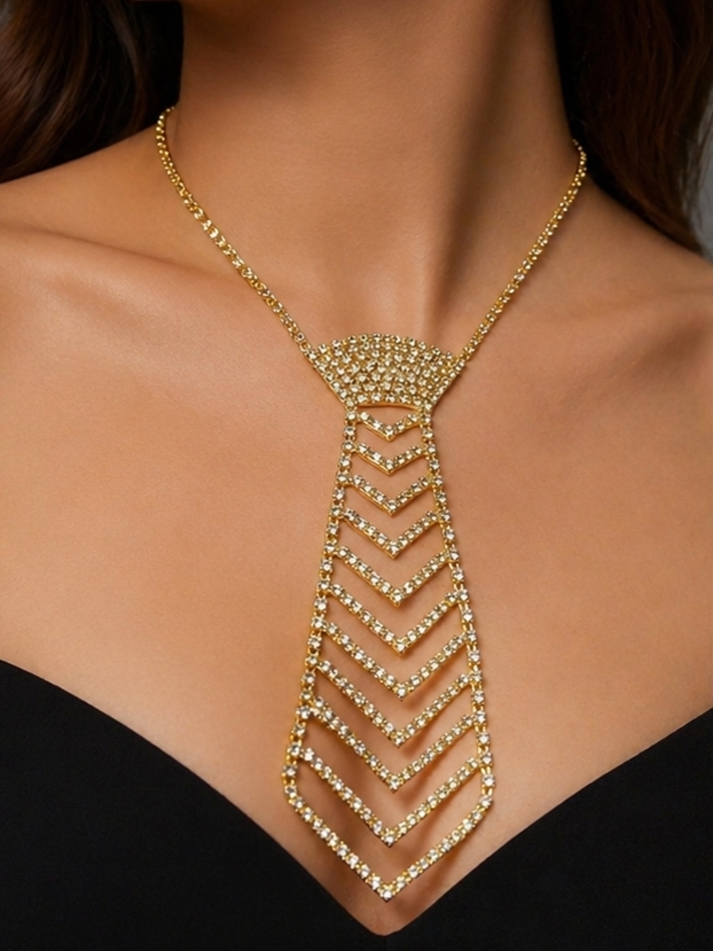 Gold Crystal Chevron Tie Necklace - Women Jewelry - Picture 2 of 6